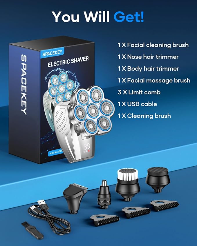 7D Head Shavers for Bald Men, 5-in-1 Magnetic Detachable Head Shaver, IPX7 Waterproof Electric Razor for Wet/Dry Use, Shaving Grooming Kit for Balder, LED Display, Type-C Charge, Silver White