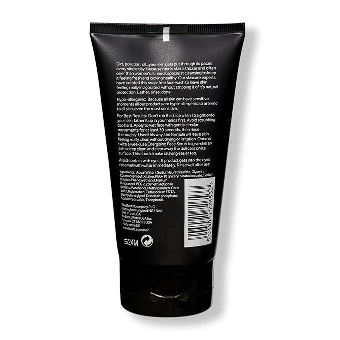 No7 Men Energizing Face Wash - Soap Free Hypoallergenic Cleanser for Oily Skin - Daily Face Cleanser for Men for Invigorated & Deeply Clean Skin (150 ml)