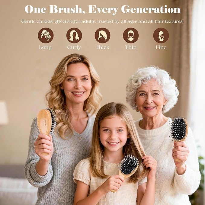 Mini Boar Bristle Hair Brush Since 1965 British Craftsmanship, Handmade Natural Wooden Small Hairbrush, Soft Bristles Gentle Detangling Smoothing Women Men Kids Long Curly Thick,Thin, Fine Hair