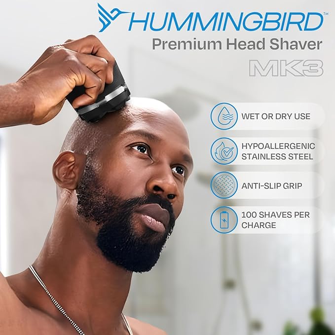 HUMMINGBIRD MK3 Head Shaver for Bald Men - Wet/Dry Electric Rotary Razor, Waterproof, Cordless USB-C Rechargeable Skull Shaver with Case
