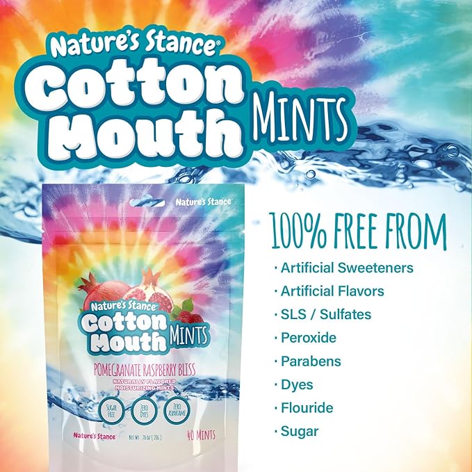 Nature’s Stance Cotton Mouth Xylitol Mints for Dry Mouth Relief - Sugar Free Mints, Stimulate Saliva & Freshen Breath, Throat, Teeth, Gums - Xylitol Lozenges, 40 Count (Pomegranate Raspberry Bliss)