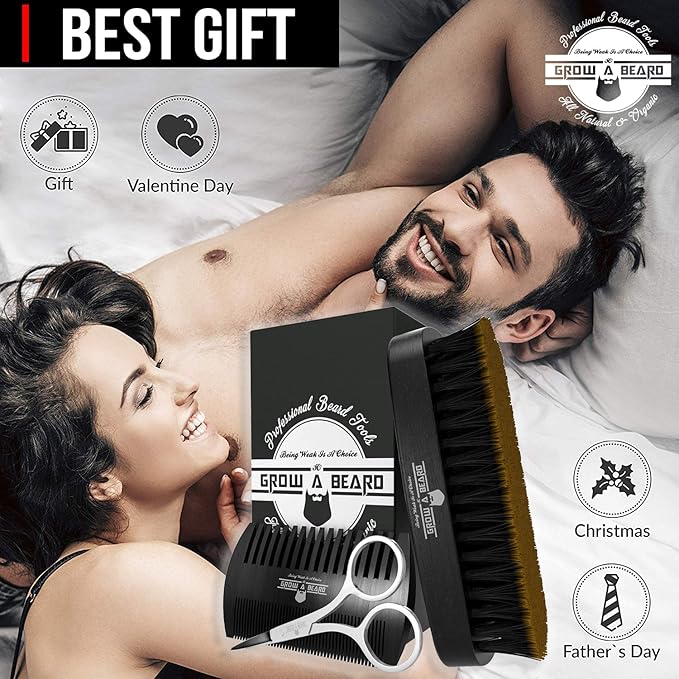 Beard Brush for Men with Beard & Mustache Comb Set, Beard Grooming & Care Kit, Natural Boar Bristle Brush, Dual Action Wood Comb, Stainless Steel Scissors, and Travel Bag, Great Fathers Day