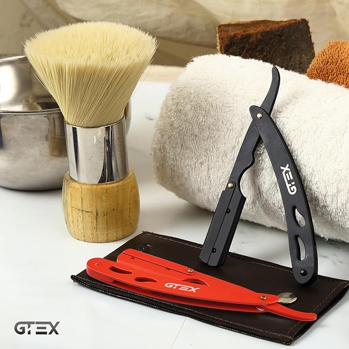 2 Straight Razor For Men (Red Black), 100 GTEX Premium Blades (Japanese Steel) - 2Pack Straight Edge Razor 100 Platinum Razor Blade - Navajas Para Barbero - Barber Razor For Men, Beard Razors