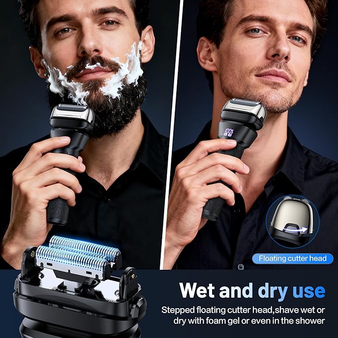 Electric Foil Shavers for Men Electric Razor with 4D Flex Floating Heads,Rechargeable Beard Trimmer with LED Display,Cordless Face Shaver for Travel,IPX6 Waterproof Wet Dry Face Razor,USB Type C