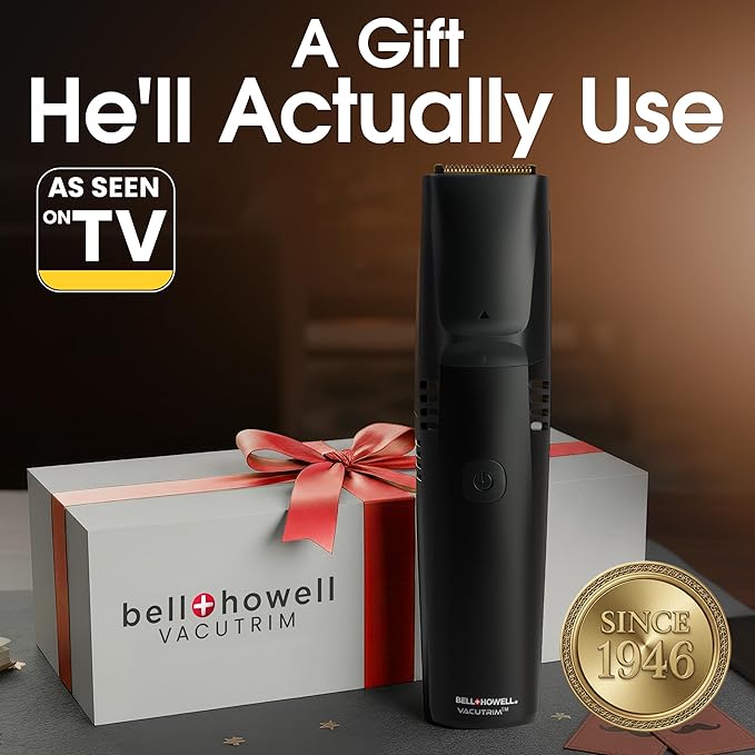 Vacutrim Cordless Mens Beard Trimmer, Rechargeable Electric Shaver with 20 Trim Setting Calibration Dial and Built-in Vacuum for Mustache, Sideburns. Facial Hair, Black, 7.5", As Seen On TV