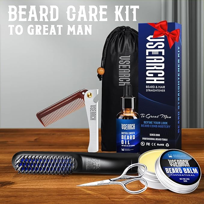 Heated Beard Straightener for Men - 5-Temp Settings & Anti-Scalding Tech, Folding Styling Comb, Compact for Travel, Perfect Grooming Gift for Father's Day, Anniversary & Birthday