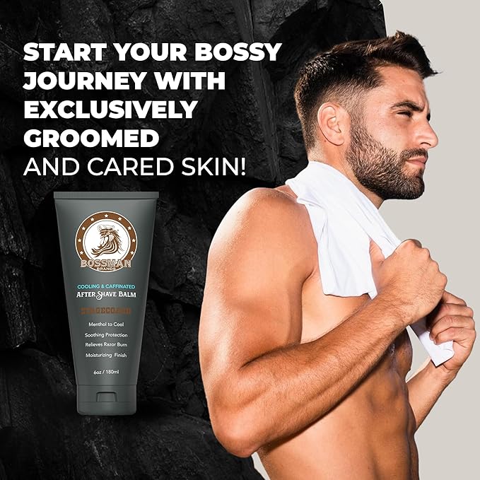 Bossman Cooling & Caffeinated After Shave Balm for Men – Soothes & Protects with Menthol, Caffeine & Tea Tree – Stagecoach Scent