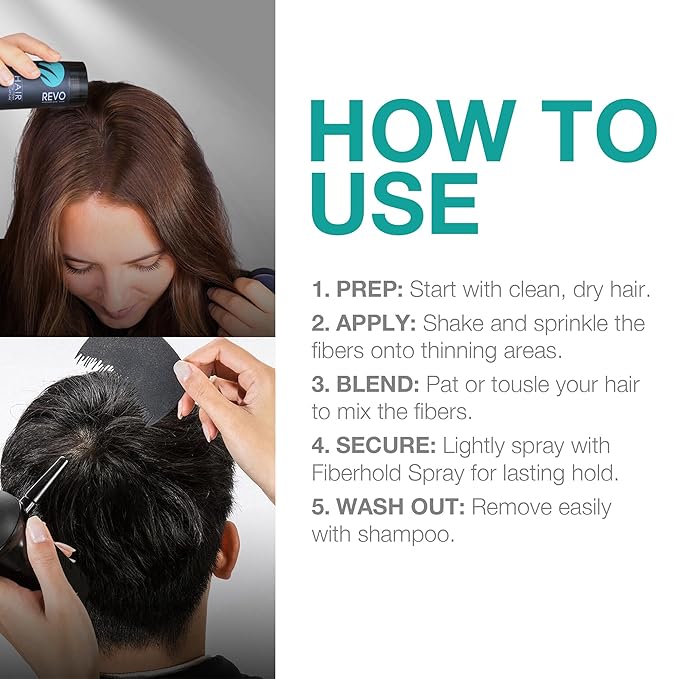 REVO Hair Building Fibers Kit for Thinning Hair (25g) with Fiberhold Spray (100ml) – 3-Pc Professional Set, Natural Plant-Based Hair Thickener & Concealer for Men & Women - DARK BROWN