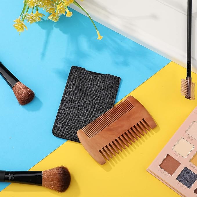 Natural Sandalwood Dual Action Beard & Moustache Combs with Faux Leather Cases (6 Pieces, Yellow)