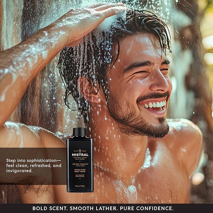 Mistral Men's Body Wash & Shampoo, Golden Tobacco 13.5 oz | 2-in-1 Natural Shower Gel for Men | SLS, Paraben & Phthalate Free | Natural Men’s Body Wash, Moisturizing Bath Gel - Made in France