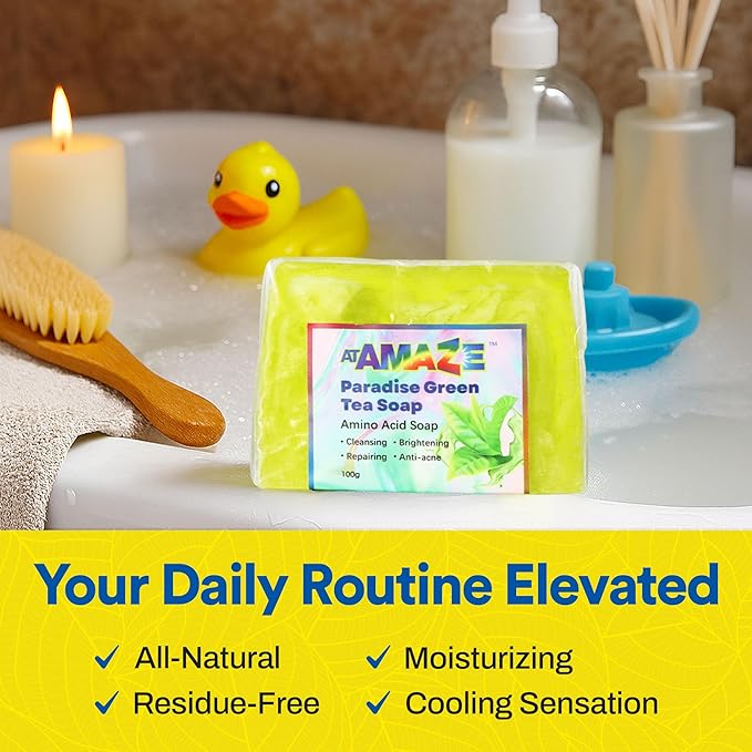 Paradise Amino Acid Organic Soap Bar, Moisturizing, Residue-Free Refreshing Cleanser, Cooling & Invigorating Bath Natural Soap for Women, Men & Kids with Plant-Based Oils, 100g, Green Tea