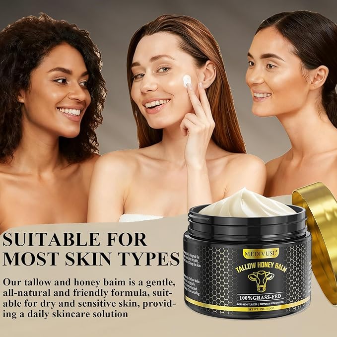 MediVuse Tallow and Honey Balm - 100% Grass-Fed Beef Tallow for Skin with Organic - Deeply Moisturizing Beef Tallow for Face Body - Natural Formula Care for Dry & Sensitive Skin(5.3 OZ), Raw Honey