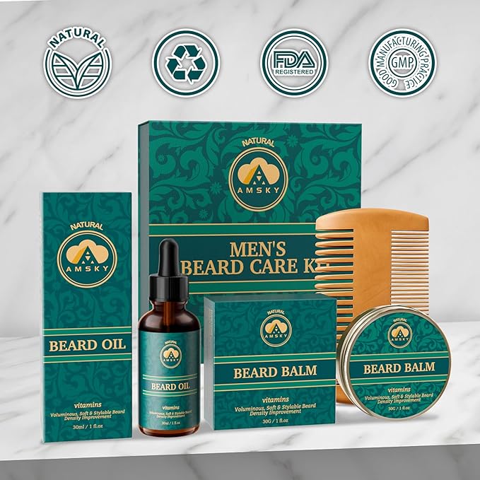 AMSKY Beard growth kit - Beard oil, beard balm, beard comb, productos para la barba | boyfriend birthday gifts | gifts for him husband | Christmas | Husband stocking stuffers