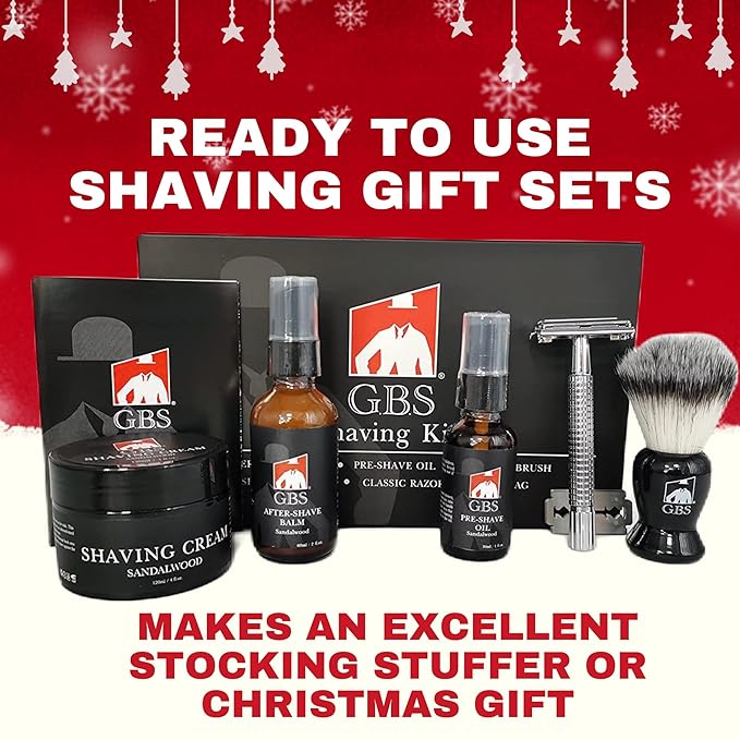 GENTS Complete Shaving Kit Gift Set for Men - Safety Razor with Sandalwood Shave Cream, Aftershave Balm, Pre-Shave Oil & Brush - Chriistmas Gift
