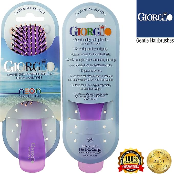 Giorgio GION2PP Neon Purple 6.25 inch Gentle Touch Detangler Hair Brush for Men and Women. Soft Bristles for Sensitive Scalp. Wet and Dry for all Hair Types. Scalp Massager Brush Stimulate Hair Growth