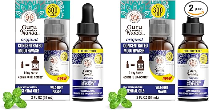 GuruNanda Concentrated Mouthwash (2 fl oz), Fluoride-Free, Mint Mouthwash with Natural Essential Oils, Supports 300 Rinses, Aids in Fresh Breath (Pack of 2)