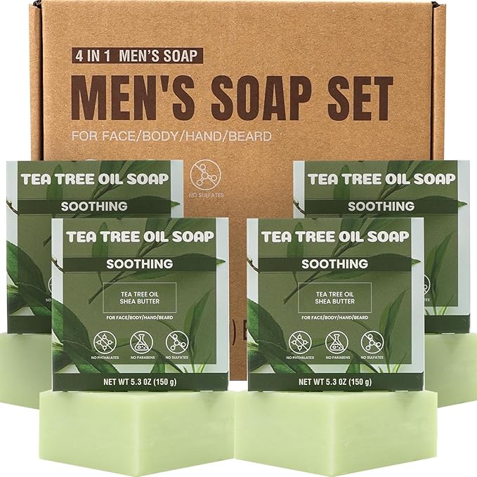 Rinse & Robust Mens Tea Tree Oil Soap Bar Set, 4Pcs Natural Handmade Tea Tree Soap with Shea Butter, Moisturizing & Exfoliating Bar Soap for Face Body Hands | 5.3 oz of 4 Bars