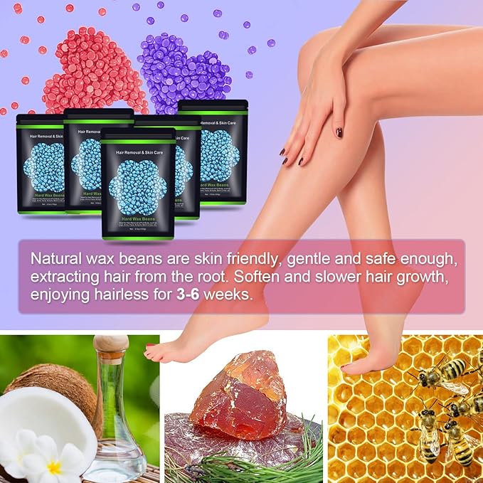 Hard Wax Beans 17.5Oz, Hair Removal Body European Brazilian Pearl Waxing Beads For Women Men Include 10 Waxing Spatulas For Bikini, Eyebrow, Face, Armpit 5 Packs