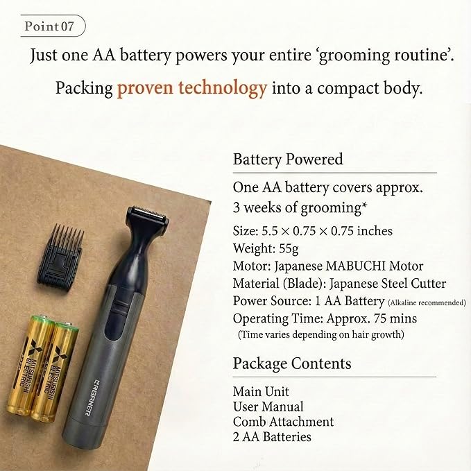 URBANER Mustache Trimmer – Cordless, Waterproof & Adjustable, 0.08”-0.55” Precision Settings, Lightweight Grooming Clipper with Japanese Steel Blade for Travel Use, Beard Trimmer for Men, Hair Clipper