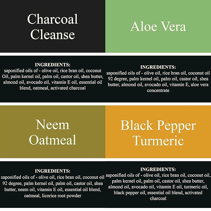Traverse Bay Bath and Body Natural Cold Process Soap Facial Cleanse 4-Bar Variety Pack, Charcoal Cleanse, Aloe Vera, Neem Oatmeal, Black Pepper Turmeric, 5.5 oz Each, 22+ oz Total