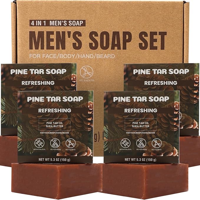 Rinse & Robust Mens Pine Tar Soap Bar Set, 4 Pack Natural Handmade Cleansing Bar Soap for Men, Exfoliating & Moisturizing Bath Soap with Pine Tar & Shea Butter | 5.3 oz of 4 Bars