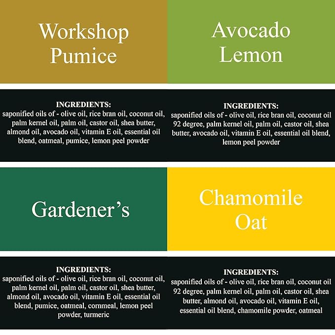 Traverse Bay Bath and Body Natural Cold Process Soap Scrub & Sooth 4-Bar Variety Pack, Workshop Pumice, Avocado Lemon, Gardener's, Chamomile Oat, 5.5 oz Each, 22+ oz Total