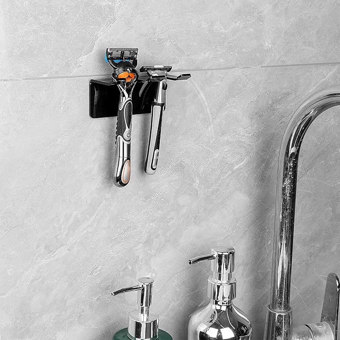 LUEXBOX Safety Razor Holder for Shower Wall, Self Adhesive Razor and Brush Stand for Bathroom, Shaving Brush Stand Compatible with Fusion 5 Proglide, Mach 3 Classic(Black Clear)