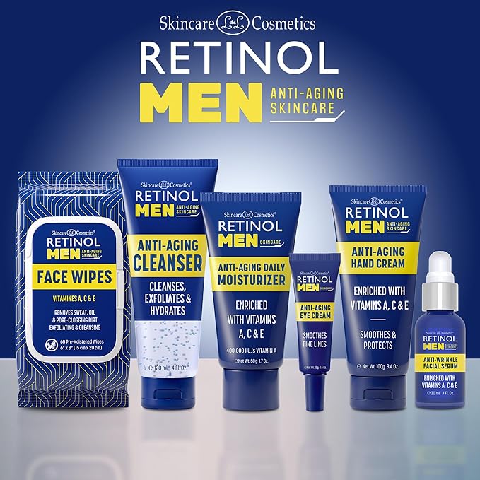 Retinol Men Anti- Aging Facial Wipes - Quickly cleanses Face from Sweat, Oil and Pore-Clogging Dirt without any heavy residue + Retinol Women All in One Anti-Aging Cleansing Towelettes