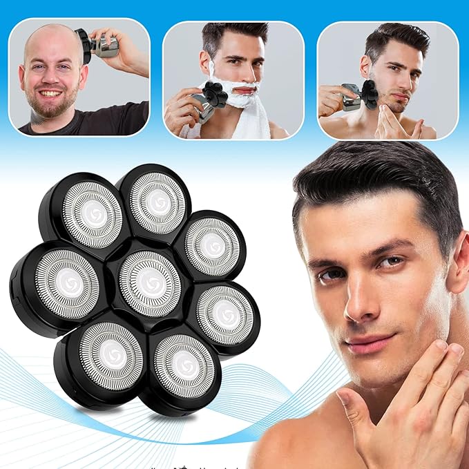 Sjpzwcrl Electric Shaver Replacement Heads 8D - 8 Blades Black Universal Stainless Steel Rotary Blade Refills for Bald Head Razor for Men