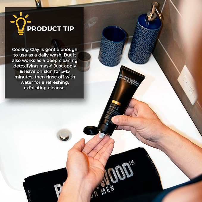 Blackwood For Men Cooling Clay Face Wash - Activated Charcoal, Menthol, & Tanakura Clay Cleanser & Mask for Deep Cleansing & Acne Treatment - Sulfate Free, Paraben Free, & Cruelty Free (4.23 oz)