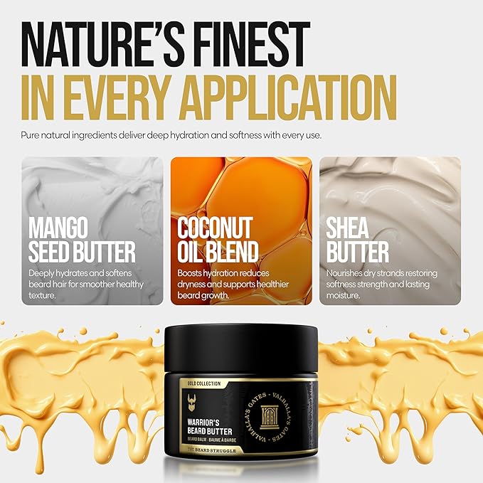 The Beard Struggle Warrior’s Beard Butter Valhalla's Gates - Gold Collection - Non-Greasy Low-Hold Formula, Luxurious Cologne-Grade Fragrances 100% Natural - 50g / 1.76 US. oz. Warrior-Glass Jar