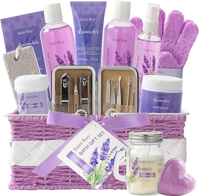 Large Spa kit for women gift set, 20 PCS Spa Gift Baskets Christmas Gifts for Women Bath Kit with Lavender gifts spa gift set Basket, Luxury Self Care Home Spa Kit Lavender Bath Gift Basket