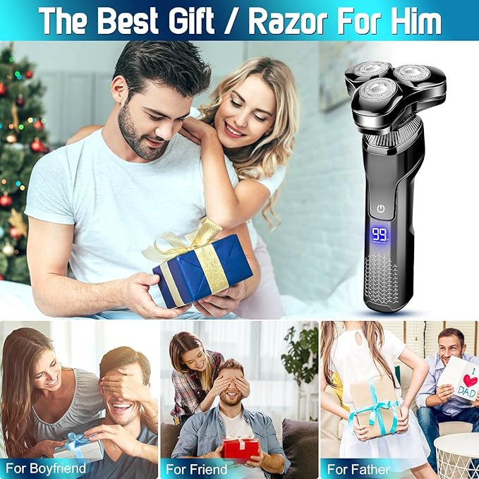 Men's Electric Razor, Upgraded 4D Floating Magnetic Blade Head Rotary Shaver, 3-in-1 Multifunctional for Beard/Nose/Sideburns, IPX7 Waterproof Rechargeable Cordless Shaver, Turbo Speed, Gift for Men