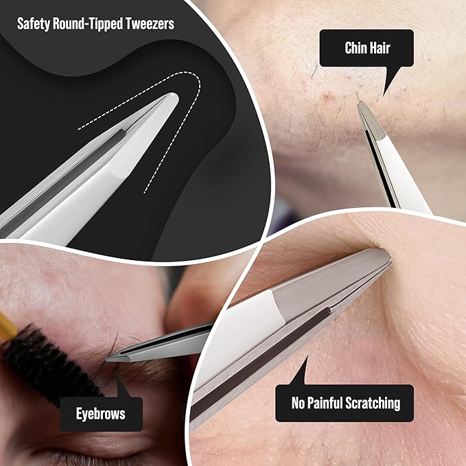 DUROX 3-Piece Tweezer Set — 1.Pointed Ingrown Hair Tweezers, 2.Fine-Tip Splinter Tweezers, 3.Safety Round Tip for Facial & Chin Hair Removal. Made of stainless steel. Protective pouch for safe storage