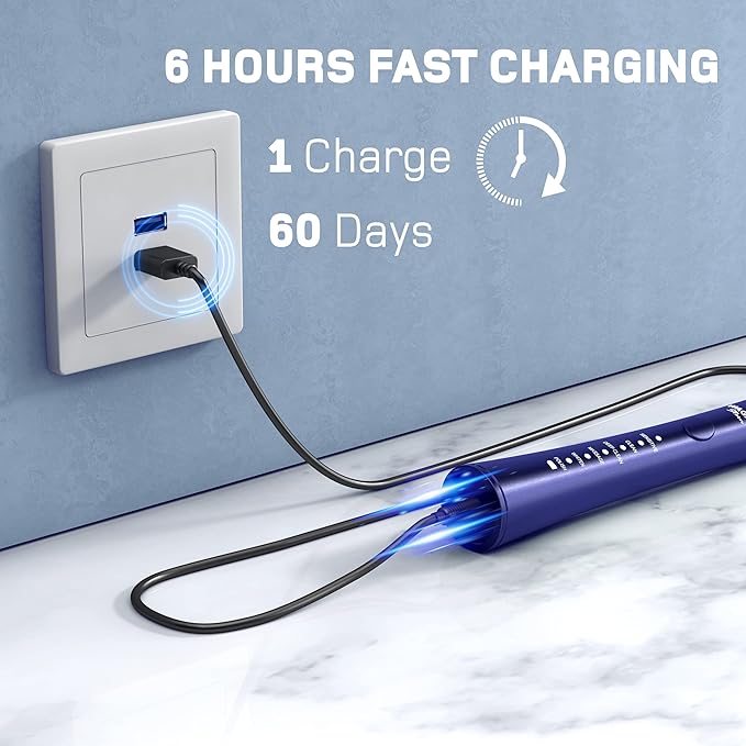 Wagner Stern ultrasonic whitening Electric Toothbrush with 8 Charcoal Black Brush Heads. for Fresh Breath & Healthy Smile. (Blue)