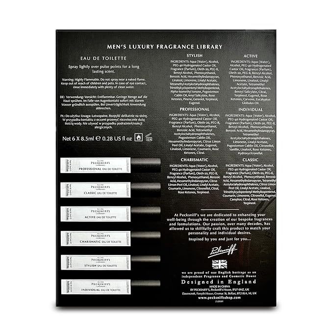 Pecksniff’s Men’s Fine Fragrance Gift Set – 6x10ml Eau de Toilette Collection – Luxury Cologne Sampler, Made in England