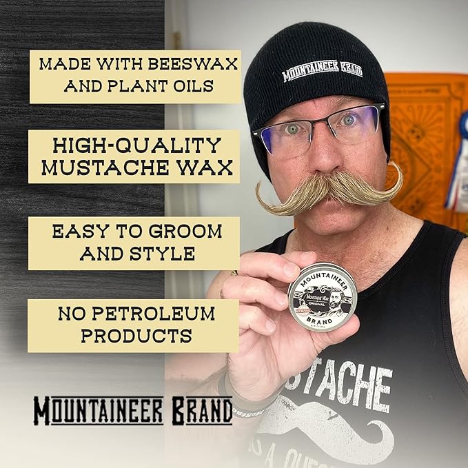 Mountaineer Brand Natural Mustache Wax | Original (Cedar Fir) Blend Scent | Made in West Virginia | Long Lasting Hold | Smooths, Conditons, Styles | Organic Moustache Balm | 2oz