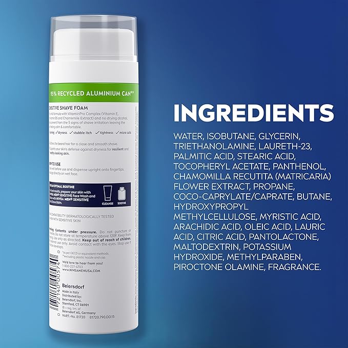 NIVEA MEN Sensitive Shave Foam with Vitamin E, Soothing Chamomile and Witch Hazel Extracts, 6 Pack of 7 Oz Cans