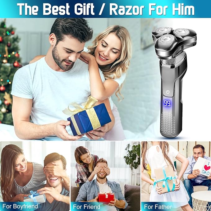 Men's Electric Razor, Upgraded 4D Floating Magnetic Blade Head Rotary Shaver, 3-in-1 Multifunctional for Beard/Nose/Sideburns, IPX7 Waterproof Rechargeable Cordless Shaver, Turbo Speed, Gift for Men