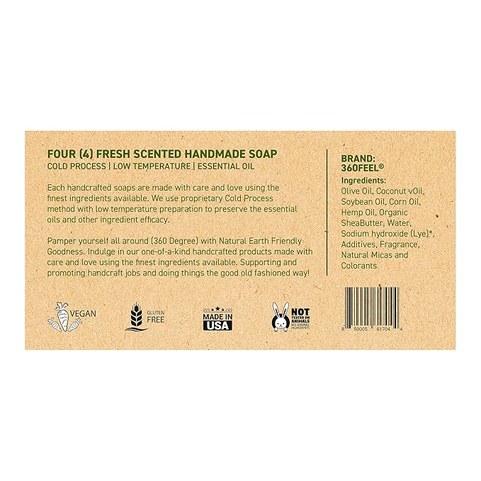 360 Feel Fresh Bar Soap Set - Made in the USA - Castile Handmade All Natural Cold Processed - Infused 4 Refreshing Scents Aloe Vera, Cotton Blossom, Spring Scrub, & Cool Water - (5oz, 4-Pack)