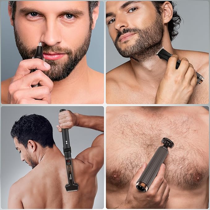 Hatteker Upgraded Mens Electric Back Shaver Body Grooming kit Body Trimmer Facial,Arm,Chin Beard Trimmer Cordless Hair Clipper with Adjustable Extension Handel Waterproof LED Display