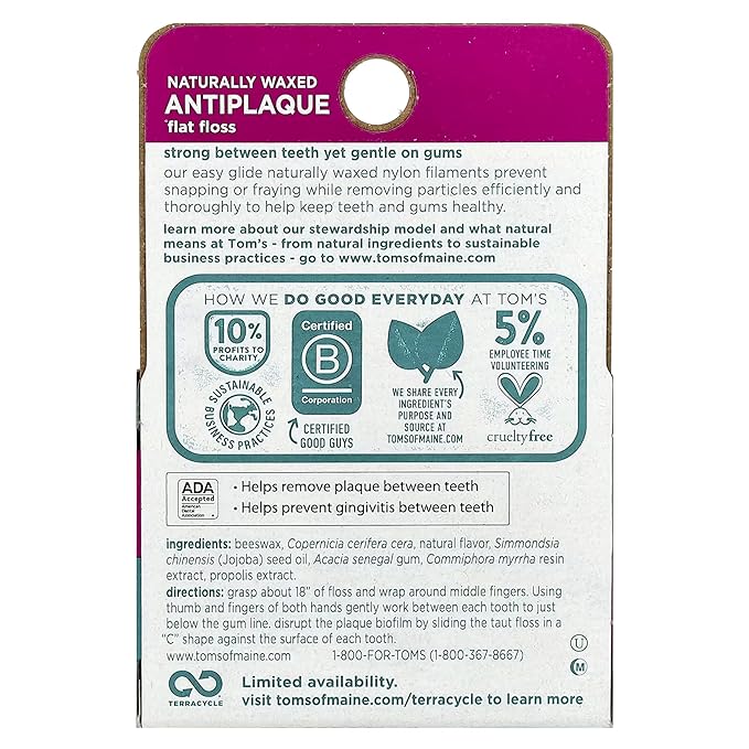 Tom's of Maine Natural Waxed Antiplaque Flat Floss, Spearmint, 32-Yards, Pack of 2