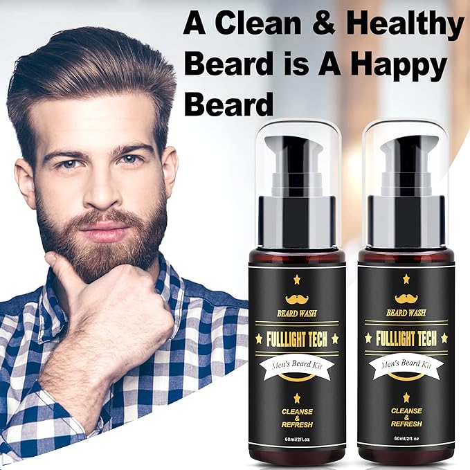 FULLLIGHT TECH Men's 2 Pack Beard Care Kit - Argan Oil & Jojoba Oils Shampoo, Rosemary Extract for Clean, Moisturizing and Nourishing Mustache & Beard Growth