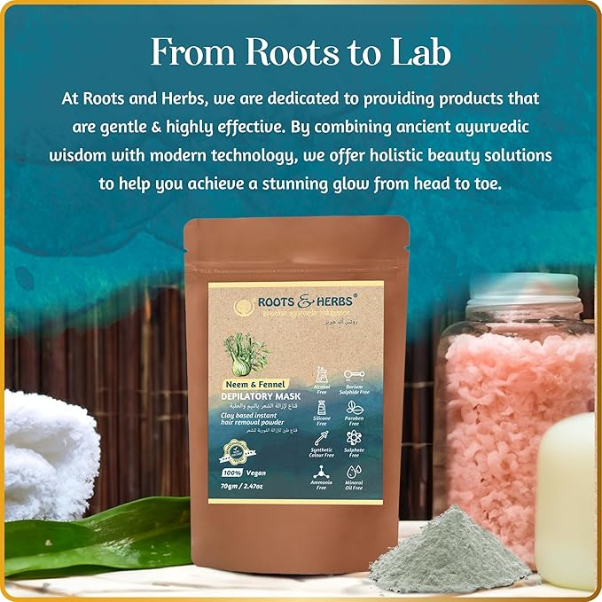 Neem & Fennel Hair Intimate Bikini Hair Removal for Women’s & Men’s Legs, Underarm, & Chest,- Depilatory Powder Body Hair Remover with Ayurvedic Herbs for All Skin Types - Roots and Herbs, 2.47oz