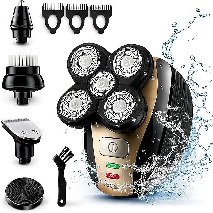 5-in-1 Rotary Electric Razor Bald Head Shaver | 4D Rechargeable and Cordless Beard Trimmer | Includes Skull Shaver, Clippers, Nose Hair Trimmer, Face Scrubber & Facial Cleansing Brush