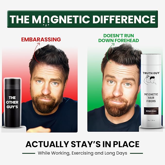Truth Guy Magnetic Hair Building Fibers for Thinning Hair - Adds Volume & Thickness with Static Electricity Technology - Easy Application for Men & Women, Quick Results, Mess-Free. 2 oz. Medium Brown