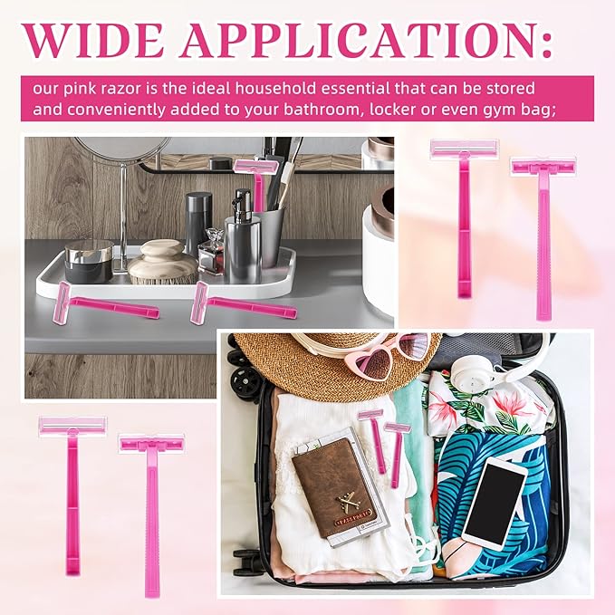 Hanaive Women's Disposable Razors Bulk Twin Blade Disposable Stainless Steel Hospitality Quality Shaver Multipurpose Portable Shave Razor Manual for Bathing Hotel Travel(Pink,100 Pcs)