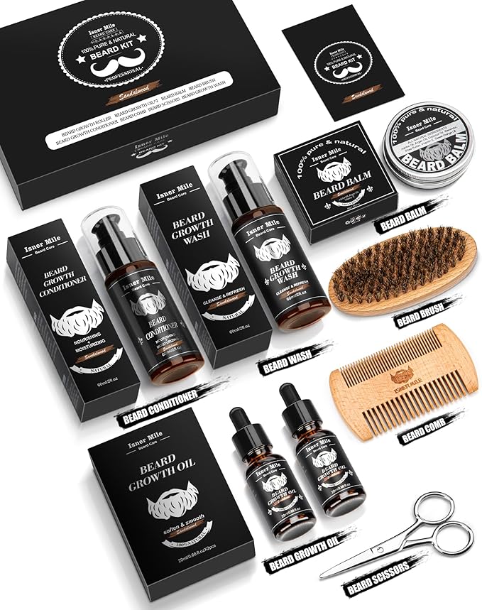 Beard Kit for Men Grooming & Care: with 2 Pack Beard Oils and Balm - Wash & Conditioner for After Shave Lotions Sandalwood, Brush and Comb Sets with Scissors, Valentines Fathers Gifts for Dad/Men/Him