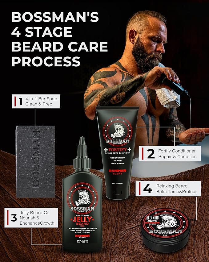 Bossman Relaxing Beard Balm - Beard Tamer, Relaxer, Thickener and Softener Cream - Made in USA (Hammer Scent)