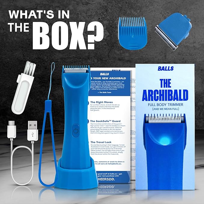 BALLS Trimmer V3 The Archibald - Body & Pubic Hair Shaver for Men - No Cuts, Sacksafe Guard, Rechargeable, 100% Waterproof, Cordless - Wet/Dry with Replaceable Ceramic Blades Archibald Trimmer